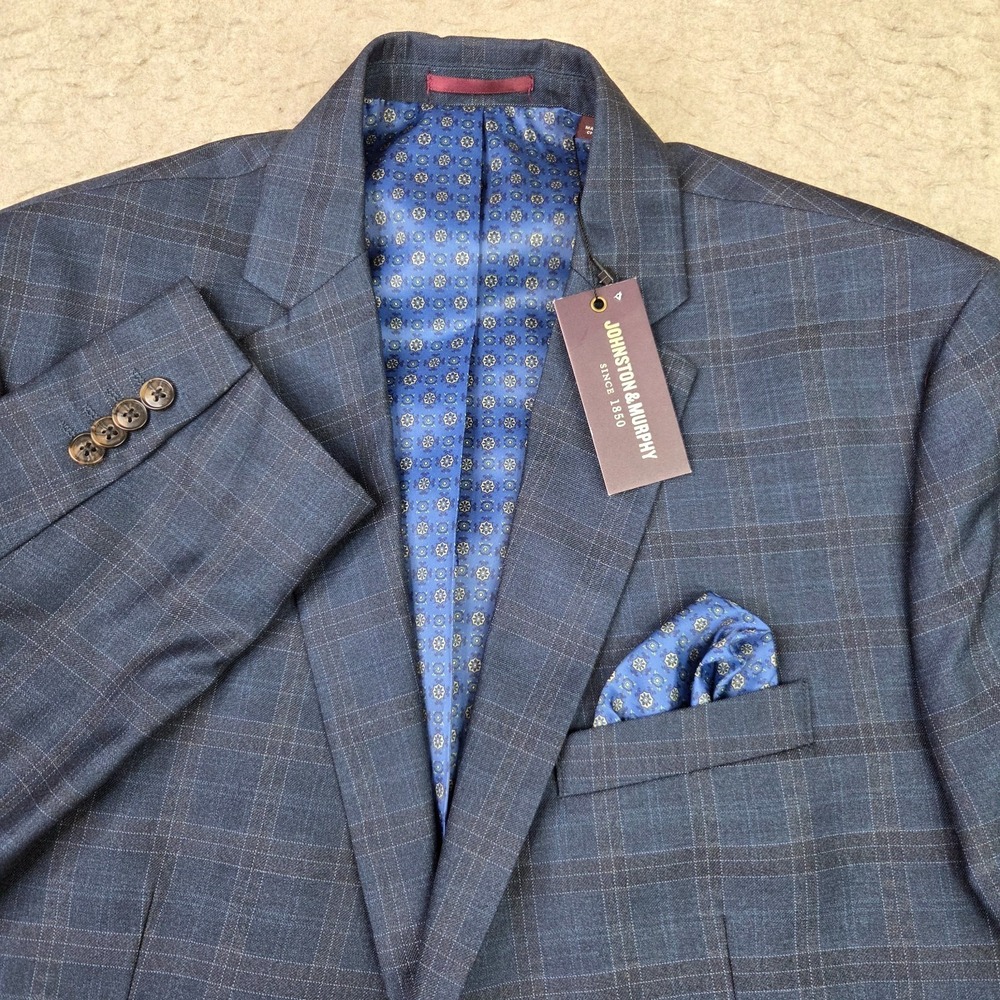 Johnston & Murphy Blazer Men's Size L Navy Blue Plaid Sport Coat 2 Button NWT